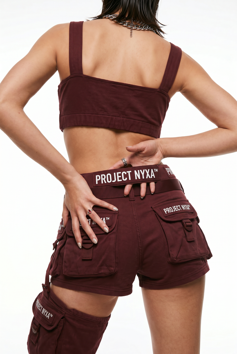 NYXA Burgundy Cargo Set — center-back NYXA / UTILITY patch, close-up